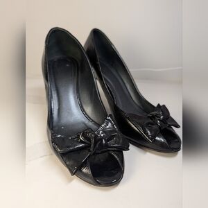 Italian Leather Black Peep-Toe Bow Heels